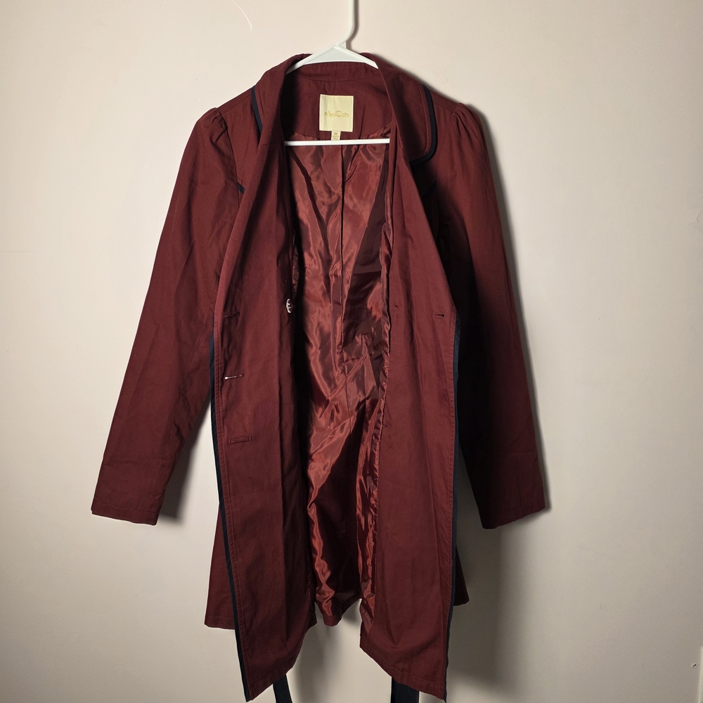 ModCloth Burgundy Trench Coat Belted Jacket Navy Piping Vintage Inspired - Picture 5 of 8